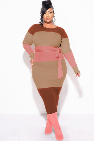 Final Sale Plus Size Ribbed Midi Sweater Dress in Brown, Tan & Mauve - 3x 22 Final Sale Plus Size Ribbed Midi Sweater Dress in Brown, Tan & Mauve - 3x 22
