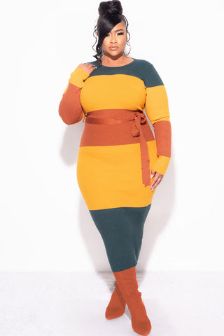 Final Sale Plus Size Ribbed Midi Dress in Mustard, Green & Rust