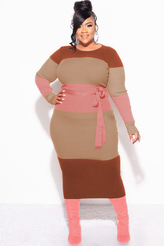 Final Sale Plus Size Ribbed Midi Dress in Brown, Tan & Mauve