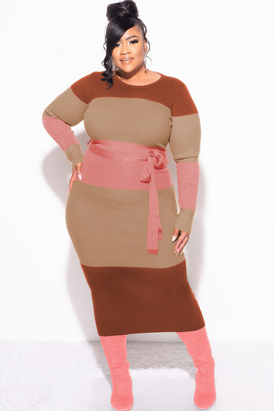 Final Sale Plus Size Ribbed Midi Sweater Dress in Brown, Tan & Mauve
