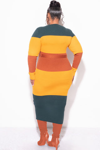 Final Sale Plus Size Ribbed Midi Dress in Mustard, Green & Rust