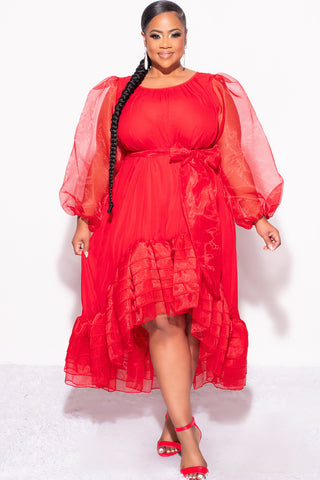 Final Sale Plus Size Chiffon Ruffle Highlow Dress with Tie in Red