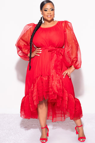 Final Sale Plus Size Chiffon Ruffle Highlow Dress with Tie in Red