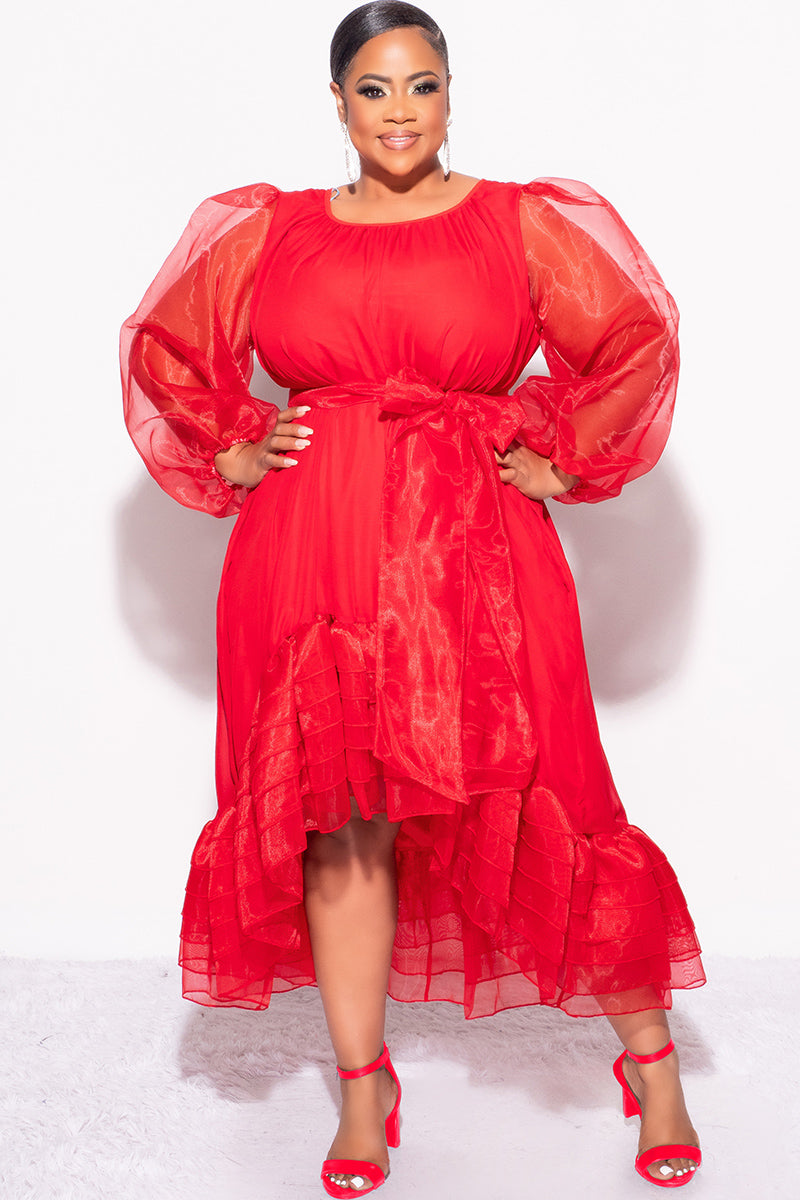 Final Sale Plus Size Chiffon Ruffle Highlow Dress with Tie in Red