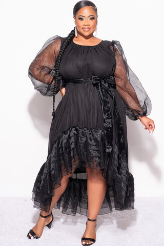 Final Sale Plus Size Chiffon Ruffle Highlow Dress with Tie in Black