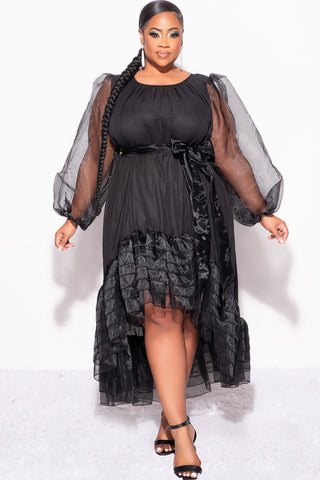 Final Sale Plus Size Chiffon Ruffle Highlow Dress with Tie in Black