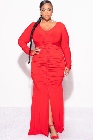 Final Sale Plus Size V-Neck Gown with Center Ruching and Slit in Red