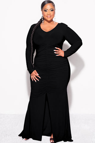 Final Sale Plus Size V-Neck Gown with Center Ruching and Slit in Black