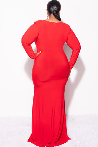 Final Sale Plus Size V-Neck Gown with Center Ruching and Slit in Red