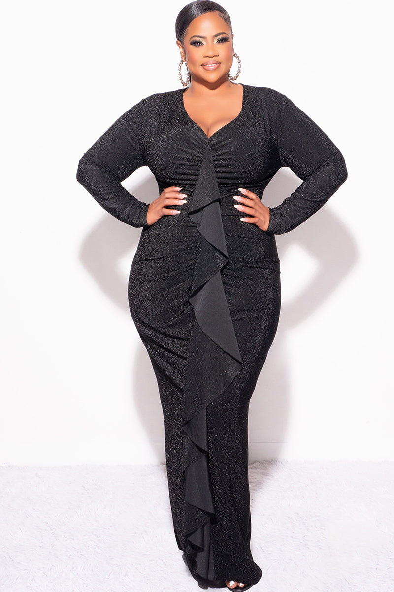 Final Sale Plus Size V-Neck Gown with Ruched Center & Ruffle in Black Glitter Lurex Fabric - 1x 14/16 Final Sale Plus Size V-Neck Gown with Ruched Center & Ruffle in Black Glitter Lurex Fabric - 1x 14/16
