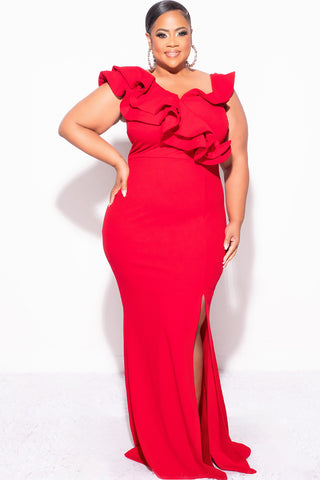 Final Sale Plus Size Gown with Layered Sleeves and Slit in Red