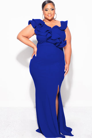 Final Sale Plus Size Gown with Layered Sleeves and Slit in Royal Blue