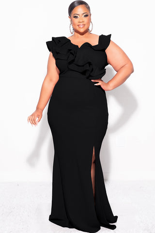 Final Sale Plus Size Gown with Layered Sleeves and Slit in Black