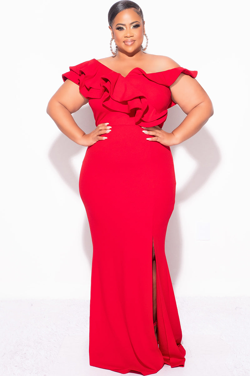 Final Sale Plus Size Gown with Layered Sleeves and Slit in Red