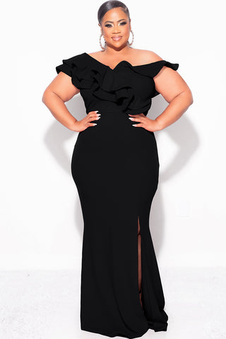 Final Sale Plus Size Gown with Layered Sleeves and Slit in Black