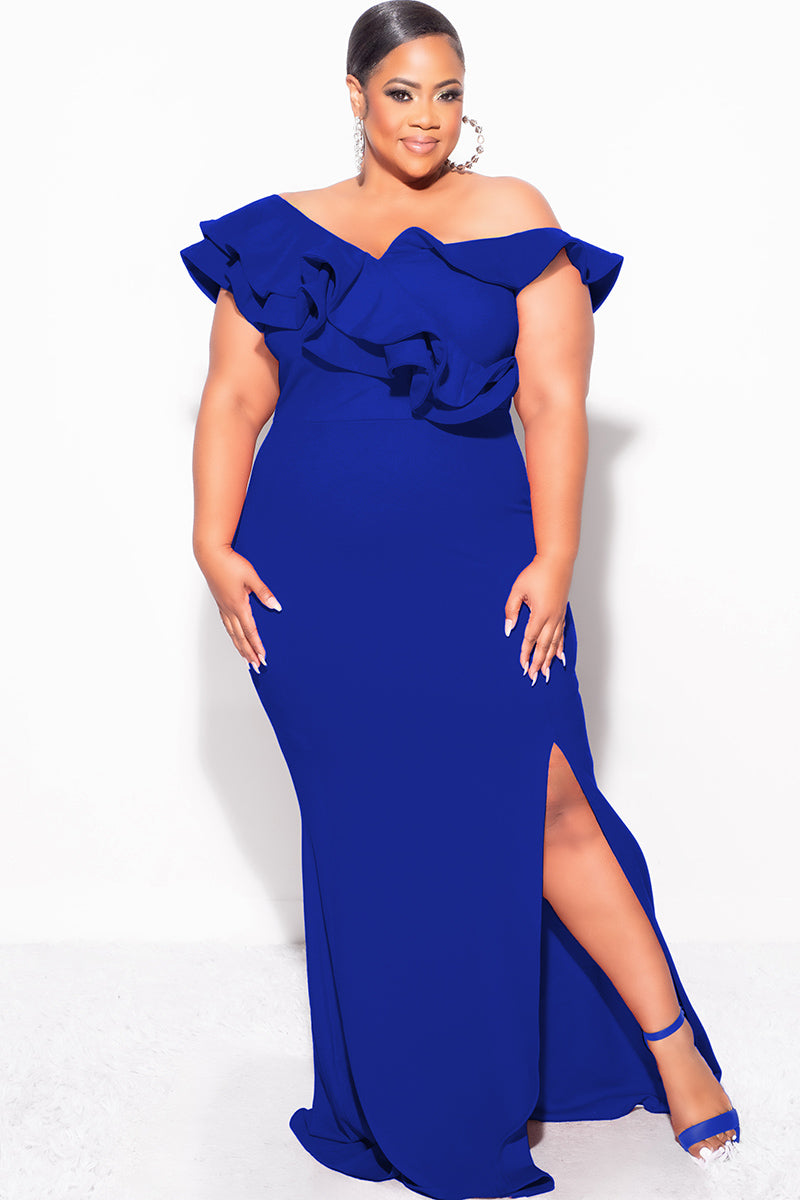 Final Sale Plus Size Gown with Layered Sleeves and Slit in Royal Blue