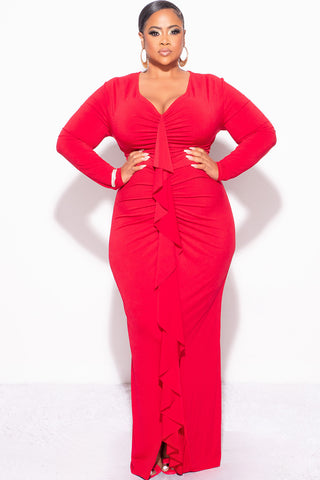 Final Sale Plus Size V-Neck Gown with Ruched Center & Ruffle in Red