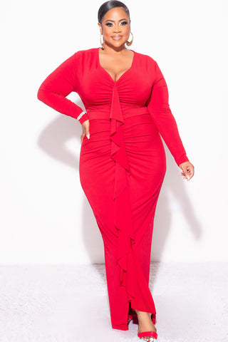 Final Sale Plus Size V-Neck Gown with Ruched Center & Ruffle in Red