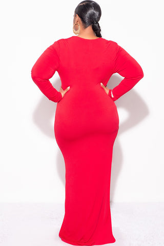 Final Sale Plus Size V-Neck Gown with Ruched Center & Ruffle in Red