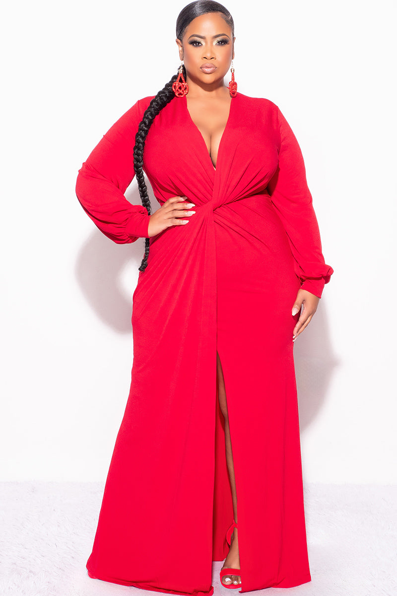 Final Sale Plus Size V-Neck Gown with Twist Front Waist in Red - 1x 14/16 Final Sale Plus Size V-Neck Gown with Twist Front Waist in Red - 1x 14/16