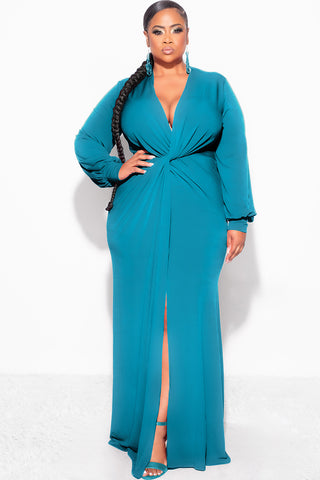 Final Sale Plus Size V-Neck Gown with Twist Front Waist in Emerald / Teal Green