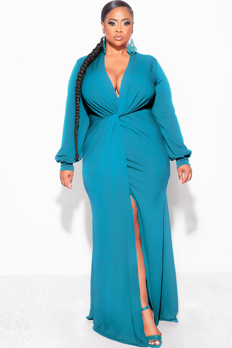 Final Sale Plus Size V-Neck Gown with Twist Front Waist in Emerald / Teal Green