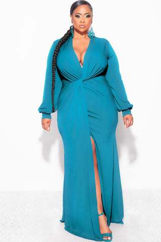 Final Sale Plus Size V-Neck Gown with Twist Front Waist in Emerald / Teal Green