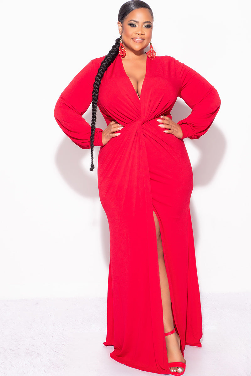 Final Sale Plus Size V-Neck Gown with Twist Front Waist in Red