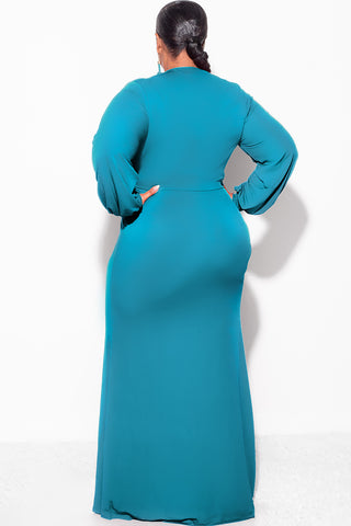 Final Sale Plus Size V-Neck Gown with Twist Front Waist in Emerald / Teal Green