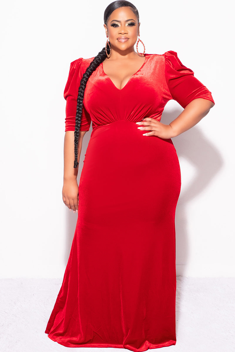 Final Sale Plus Size V-Neck Gown with Puffed Sleeves in Red Velvet - 2X 18/20 Final Sale Plus Size V-Neck Gown with Puffed Sleeves in Red Velvet - 2X 18/20