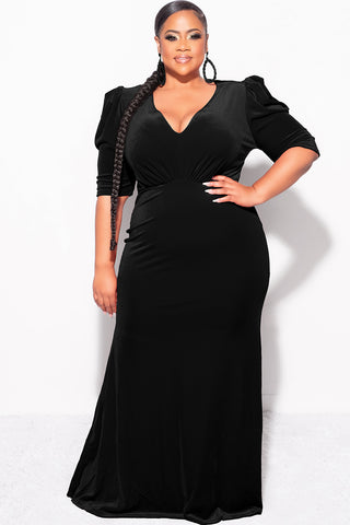 Final Sale Plus Size V-Neck Gown with Puffed Sleeves in Black Velvet