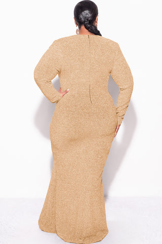 Final Sale Plus Size V-Neck Gown with Twisted Waist Band in Gold Foil Fabric