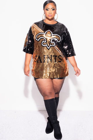 Final Sale Plus Size Sequin Saints Jersey Top in Black and Gold