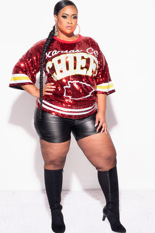 Final Sale Plus Size Sequin Kansas City Chiefs Jersey Top in Red White and Gold