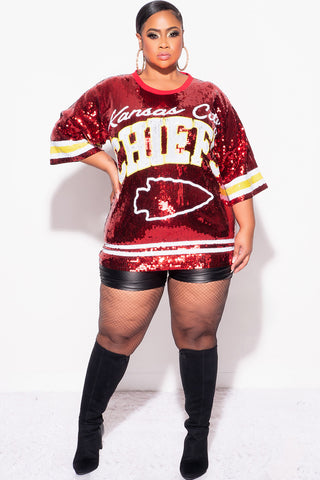 Final Sale Plus Size Sequin Kansas City Chiefs Jersey Top in Red White and Gold