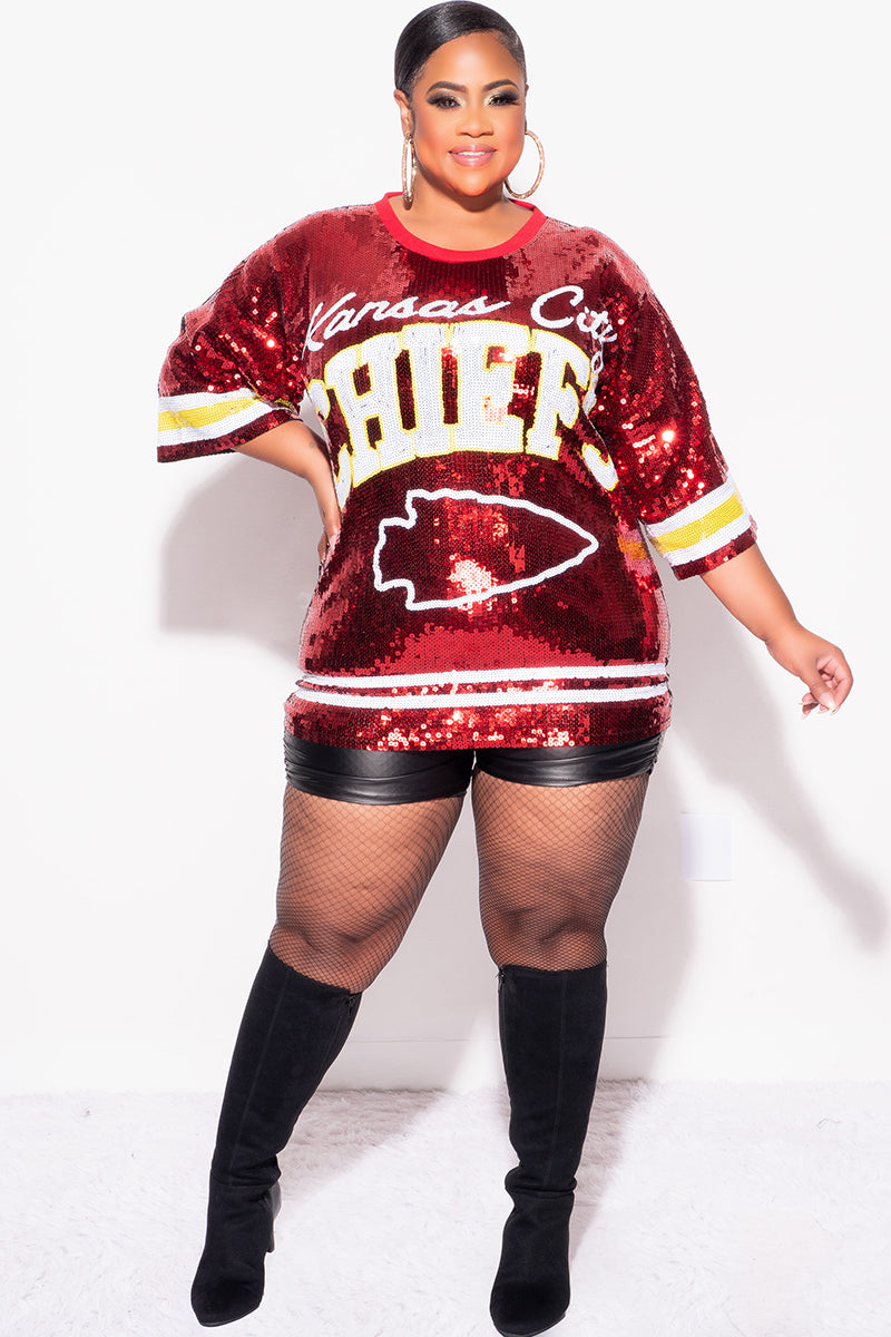 Final Sale Plus Size Sequin Kansas City Chiefs Jersey Top in Red White and Gold