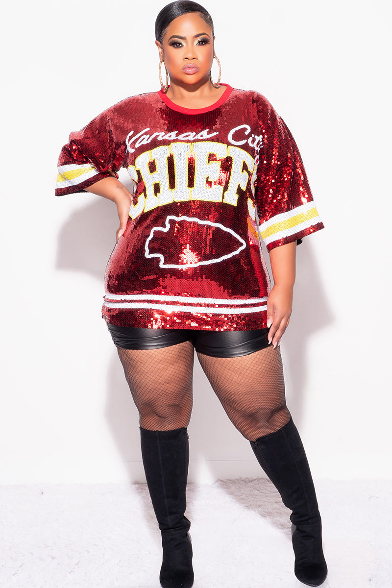 Final Sale Plus Size Sequin Kansas City Chiefs Jersey Top in Red White and Gold - One Size Fits Up To 14 Final Sale Plus Size Sequin Kansas City Chiefs Jersey Top in Red White and Gold - One Size Fits Up To 14