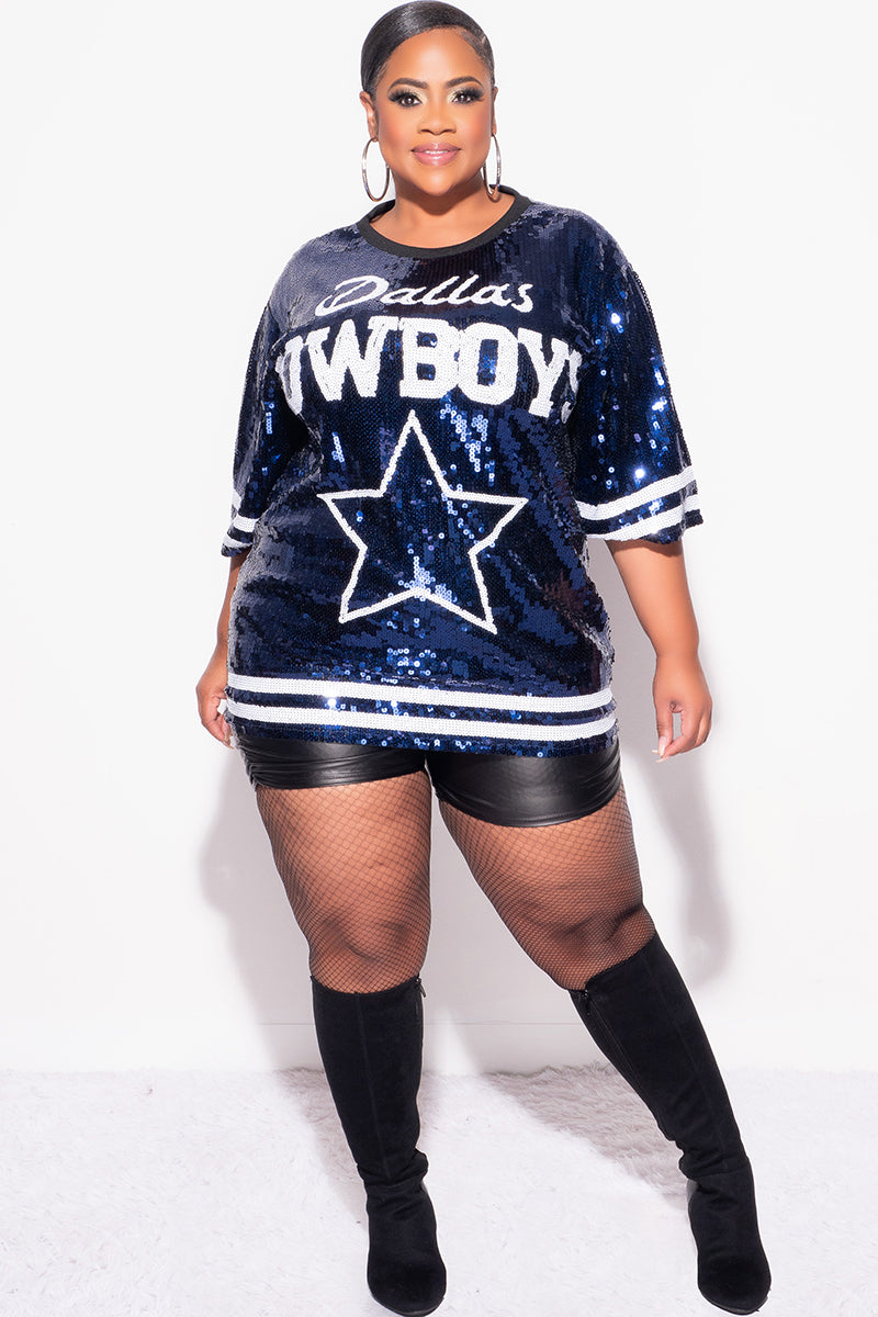 Final Sale Plus Size Sequin Dallas Cowboys Jersey Top in Navy and White