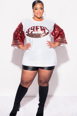 Final Sale Plus Size Sequin 49ERS Jersey Top in White Red and Gold