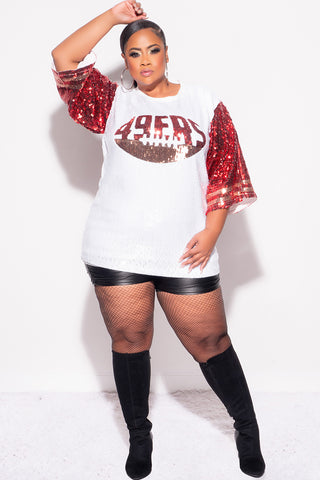 Final Sale Plus Size Sequin 49ERS Jersey Top in White Red and Gold