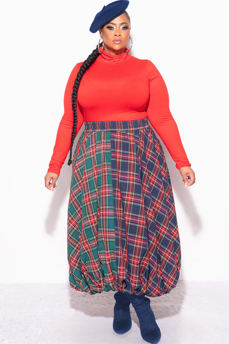 Flared Skirt Plus Size Plaid Midi Skirt Green Plaid Skirt Plus
