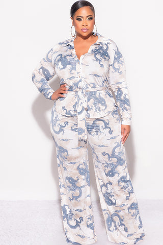 Final Sale Plus Size 2pc Button Up Collar Top and Pants Set in Blue and Tan