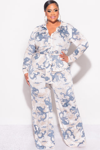 Final Sale Plus Size 2pc Button Up Collar Top and Pants Set in Blue and Tan