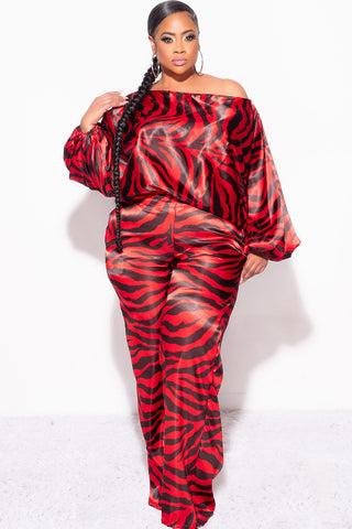 Final Sale Plus Size 2pc Satin Top and Palazzo Pants Set in Red and Black Zebra Print