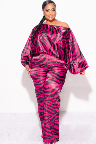 Final Sale Plus Size 2pc Satin Top and Palazzo Pants Set in Fuchsia and Black Zebra Print