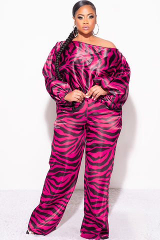 Final Sale Plus Size 2pc Satin Top and Palazzo Pants Set in Fuchsia and Black Zebra Print