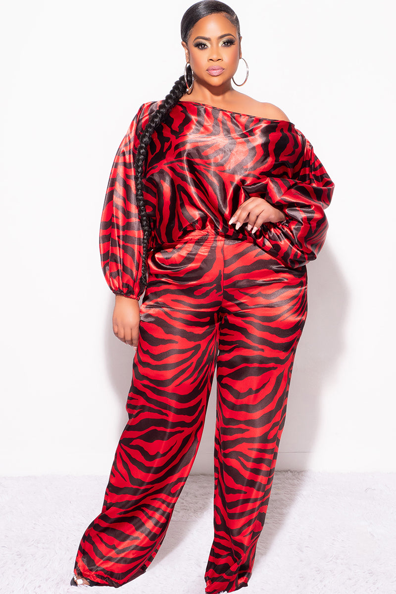 Final Sale Plus Size 2pc Satin Top and Palazzo Pants Set in Red and Black Zebra Print