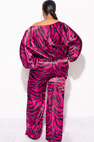 Final Sale Plus Size 2pc Satin Top and Palazzo Pants Set in Fuchsia and Black Zebra Print