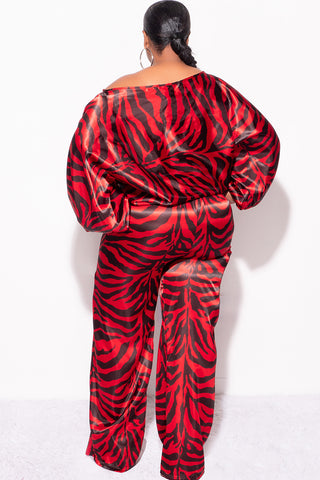 Final Sale Plus Size 2pc Satin Top and Palazzo Pants Set in Red and Black Zebra Print