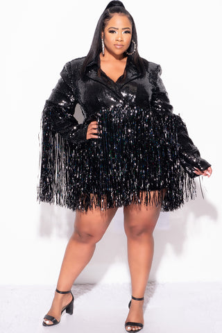 Final Sale Plus Size Sequin Blazer Dress with Tinsel Fringe Bottom in Black